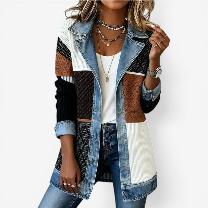Sloane – Mixed Media Ribbed Knit Denim Jacket
