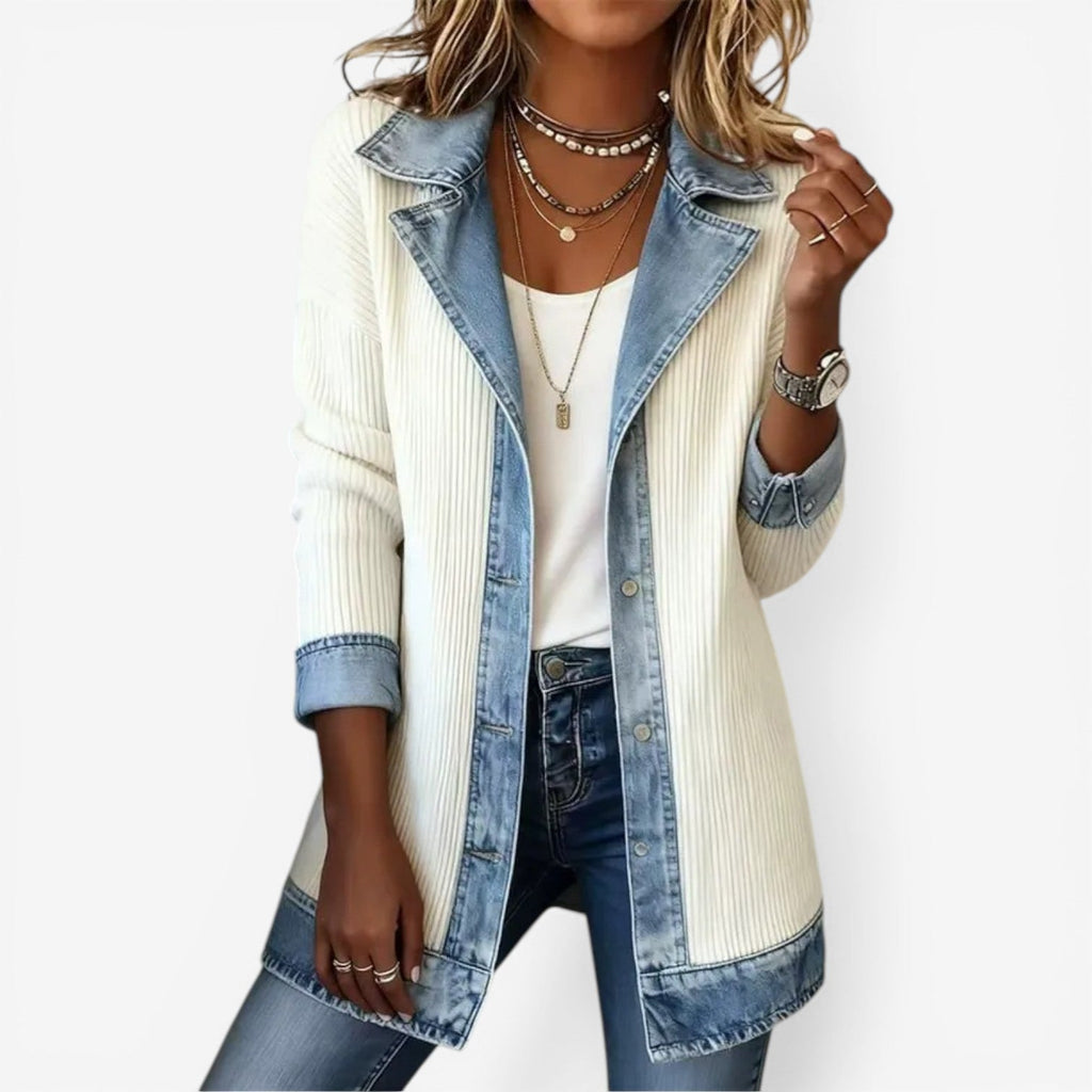 Sloane – Mixed Media Ribbed Knit Denim Jacket