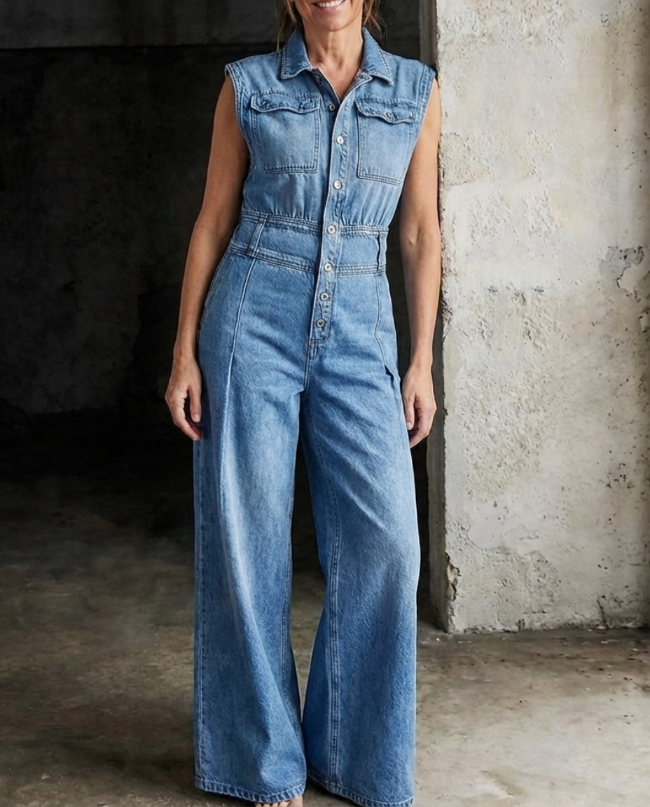 Stella | Cinched Waist Wide Leg Denim Jumpsuit