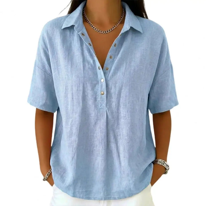 Clara – Linen Short Sleeve Polo Blouse
