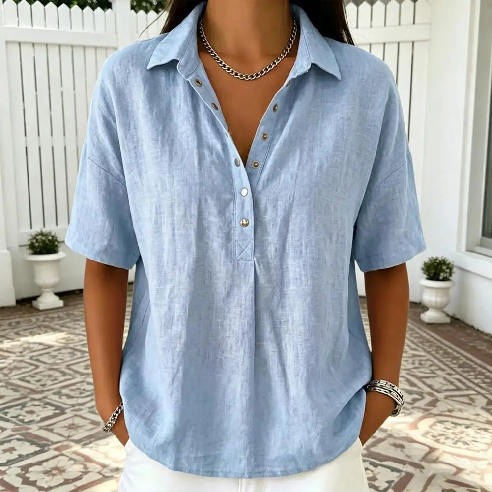 Clara – Linen Snap Button Collared Blouse