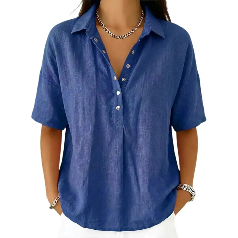 Clara – Linen Short Sleeve Polo Blouse