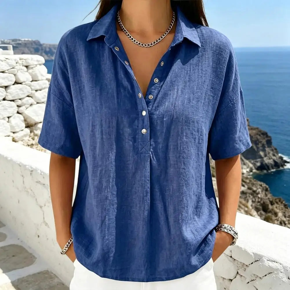 Clara – Linen Snap Button Collared Blouse