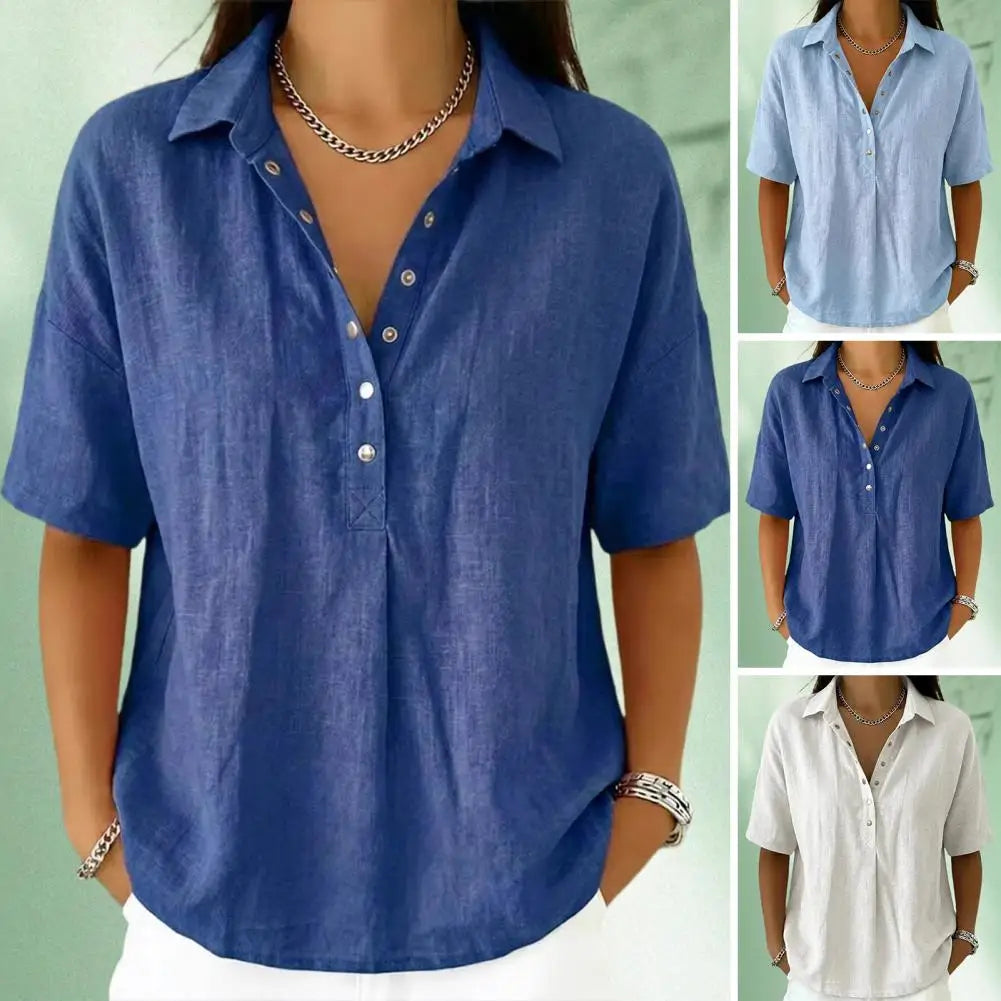 Clara – Linen Snap Button Collared Blouse