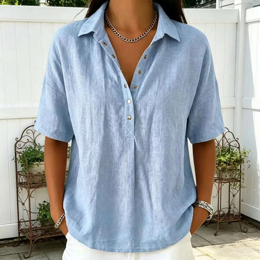 Clara – Linen Snap Button Collared Blouse