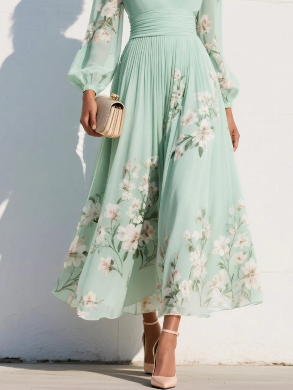 Serena – Floral Midi Dress with Long Sleeves