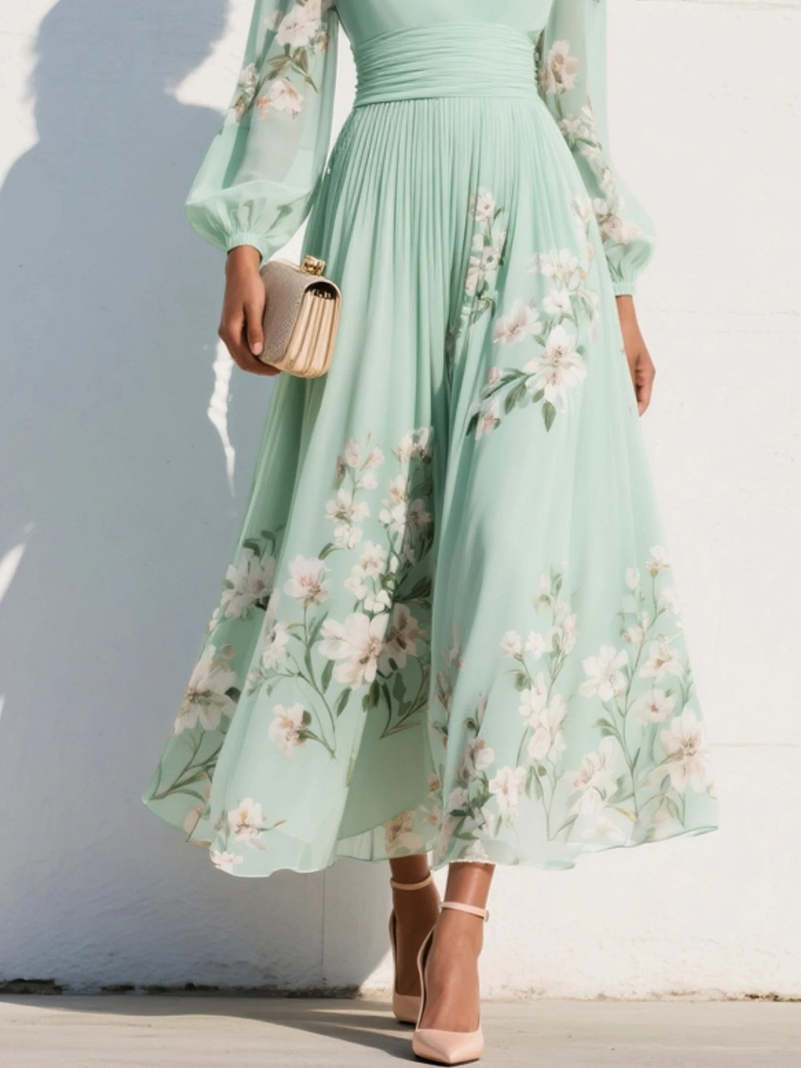 Serena – Floral Midi Dress with Long Sleeves
