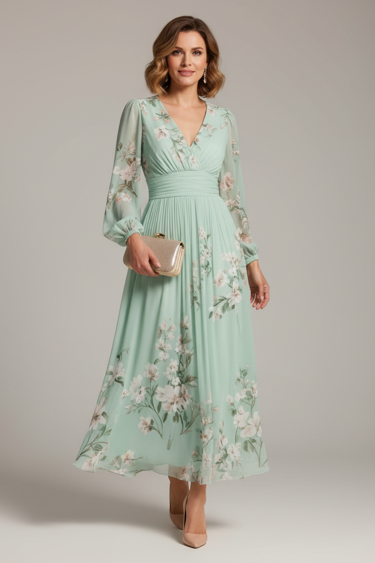 Serena – Floral Midi Dress with Long Sleeves