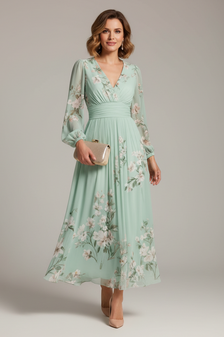 Serena – Floral Midi Dress with Long Sleeves