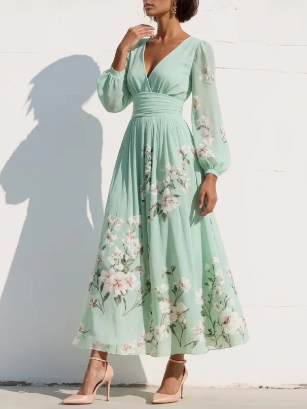 Serena – Floral Midi Dress with Long Sleeves