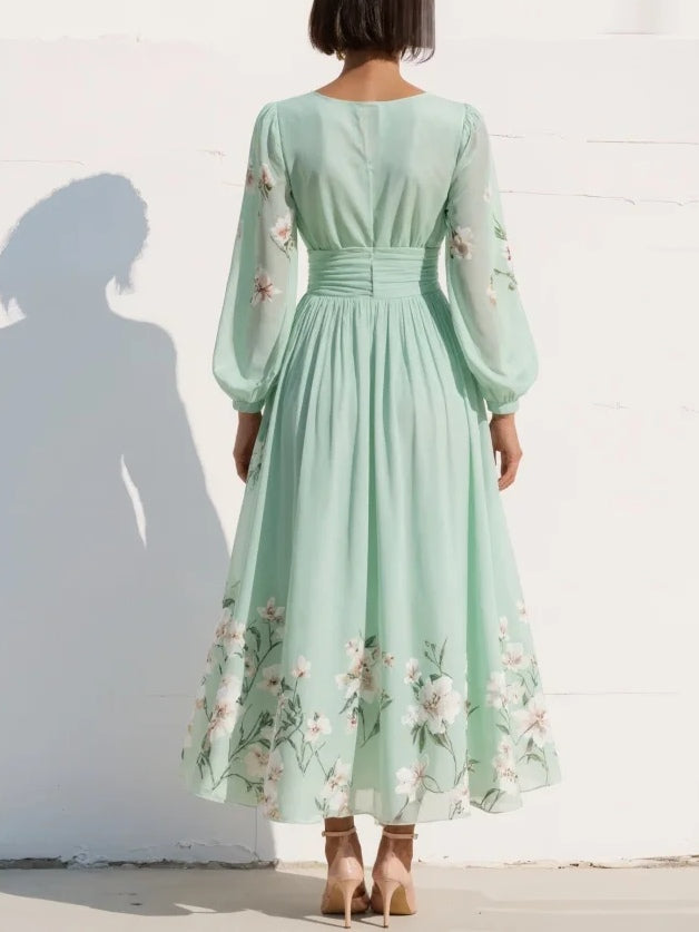 Serena – Floral Midi Dress with Long Sleeves