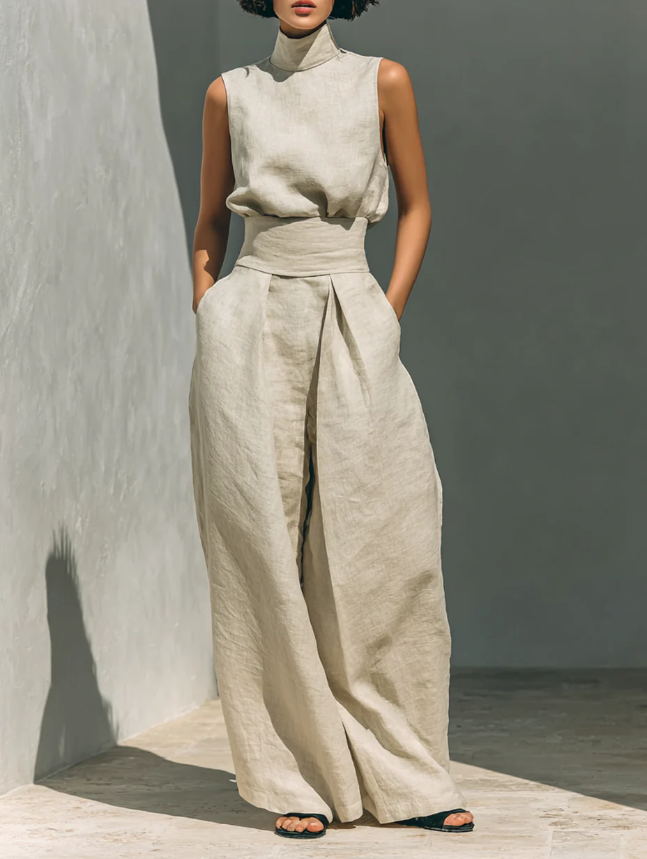 Summer | Sleeveless High Neck Top and Wide Leg Pants Set