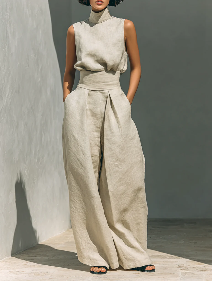 Summer | Sleeveless High Neck Top and Wide Leg Pants Set