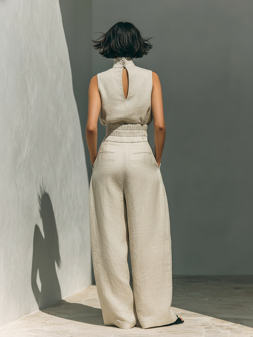 Summer | Sleeveless High Neck Top and Wide Leg Pants Set