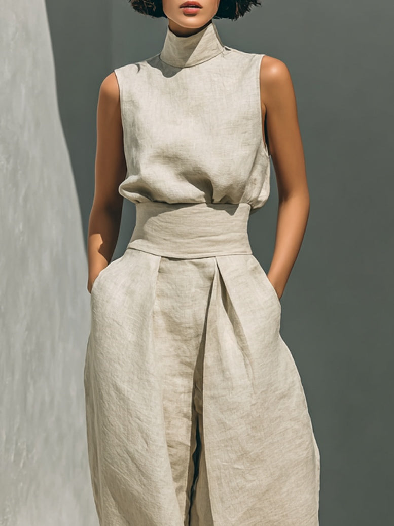 Summer | Sleeveless High Neck Top and Wide Leg Pants Set