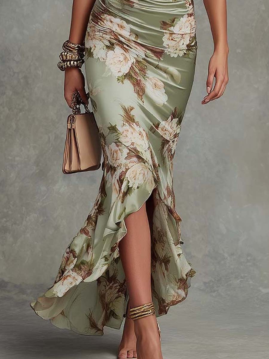Vivienne – Ruched Floral Satin Maxi Dress