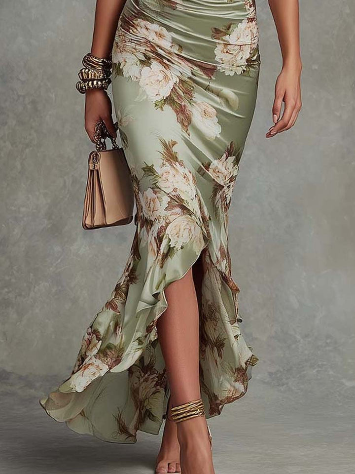 Vivienne – Ruched Floral Satin Maxi Dress