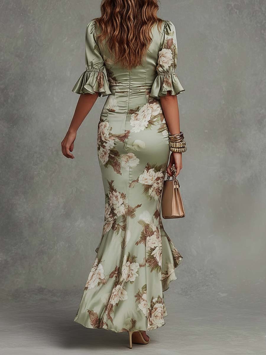 Vivienne – Ruched Floral Satin Maxi Dress
