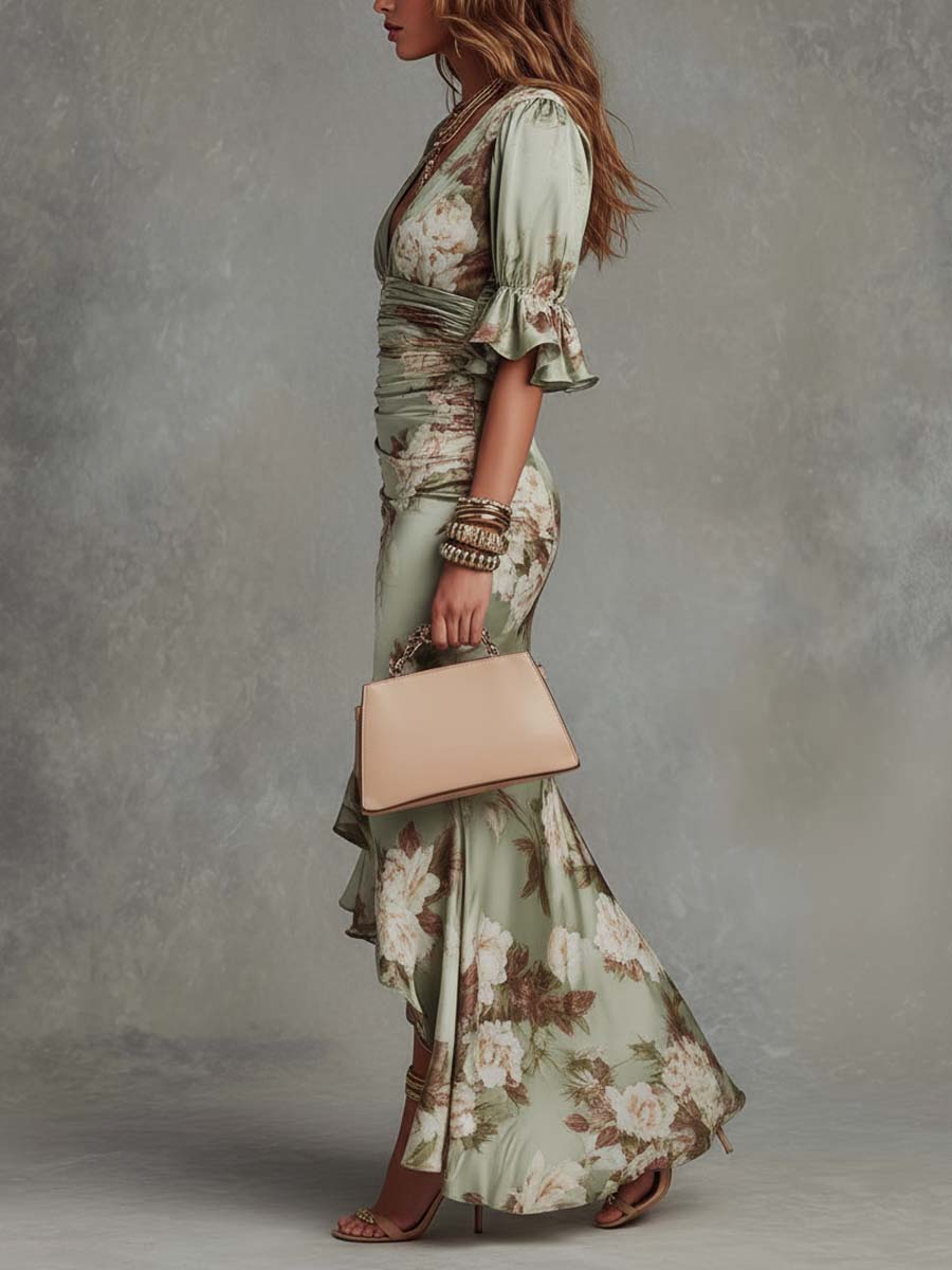 Vivienne – Ruched Floral Satin Maxi Dress