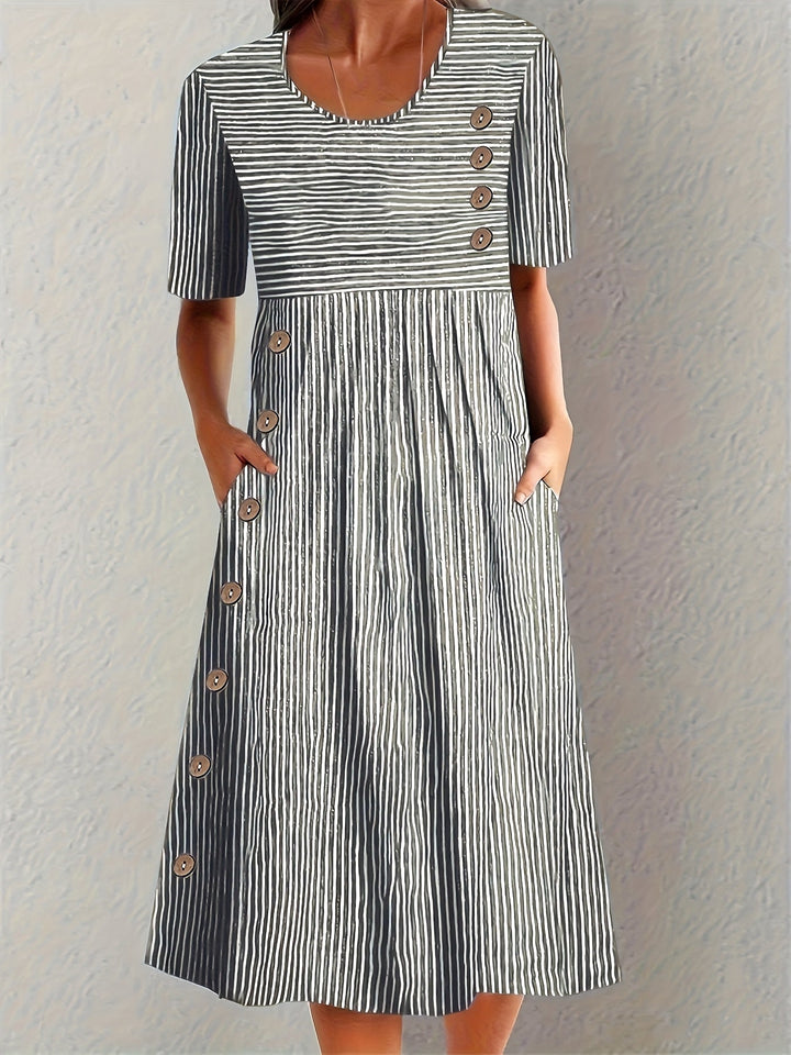 Edna – Striped Button Detail Midi Dress