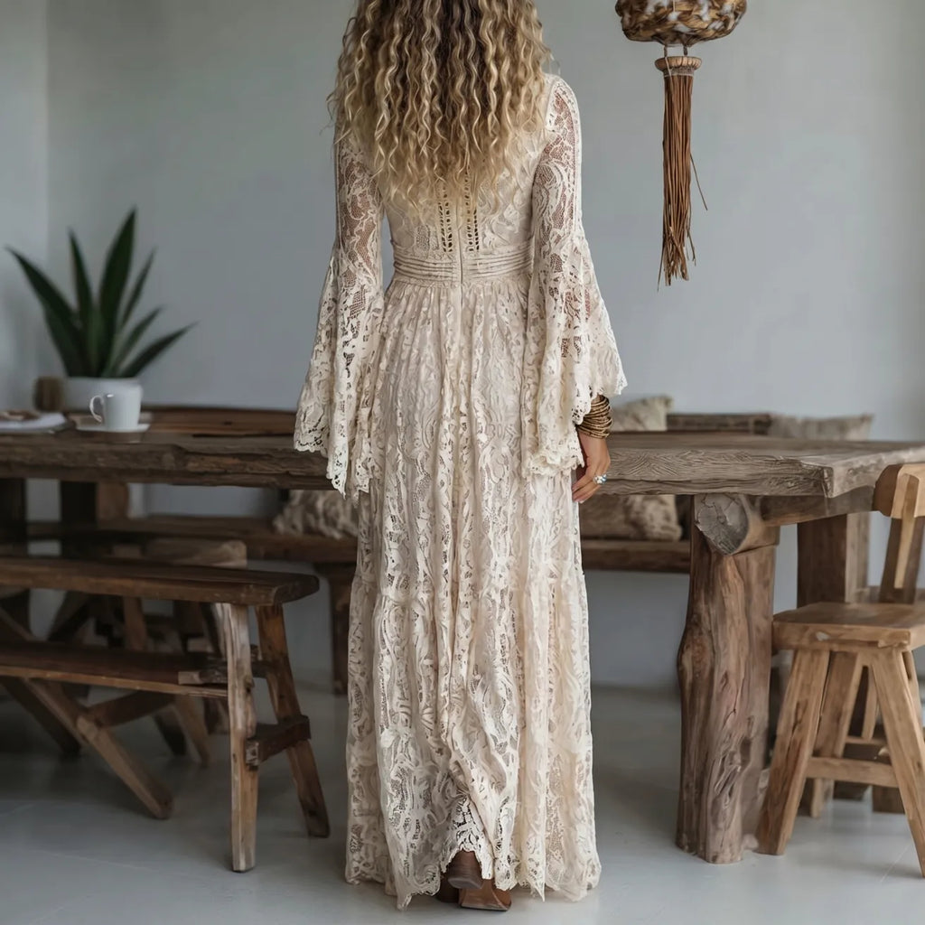 Serena – Boho Lace Maxi Dress with Bell Sleeves