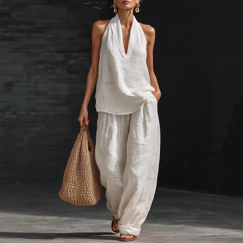 Waverly | Halter Neck V Neck Top and Wide Leg Pants Set