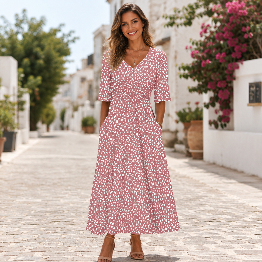 Sophia – Spotted Print Midi Dress with Flutter Sleeves