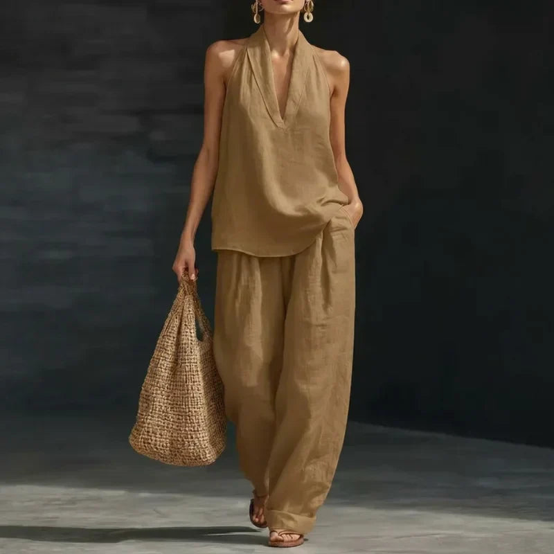 Waverly | Halter Neck V Neck Top and Wide Leg Pants Set