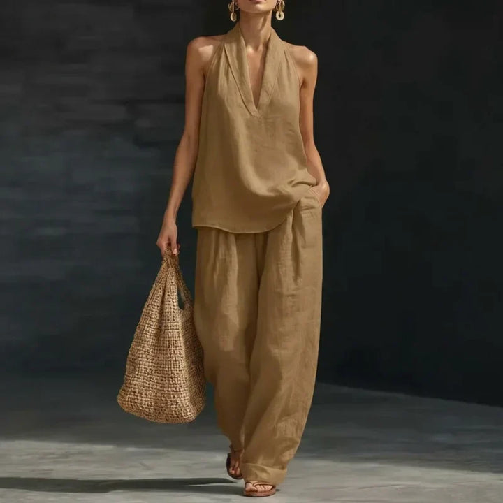 Waverly | Halter Neck V Neck Top and Wide Leg Pants Set
