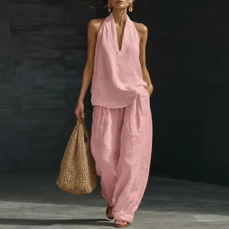 Waverly | Halter Neck V Neck Top and Wide Leg Pants Set
