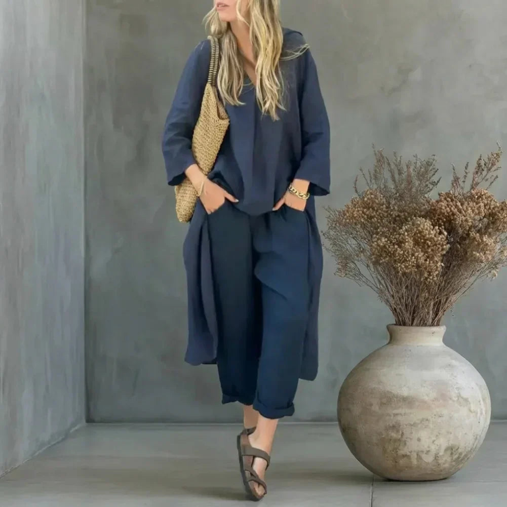 Paige | Long Vest Three Quarter Sleeve Top and Wide Leg Pants Set