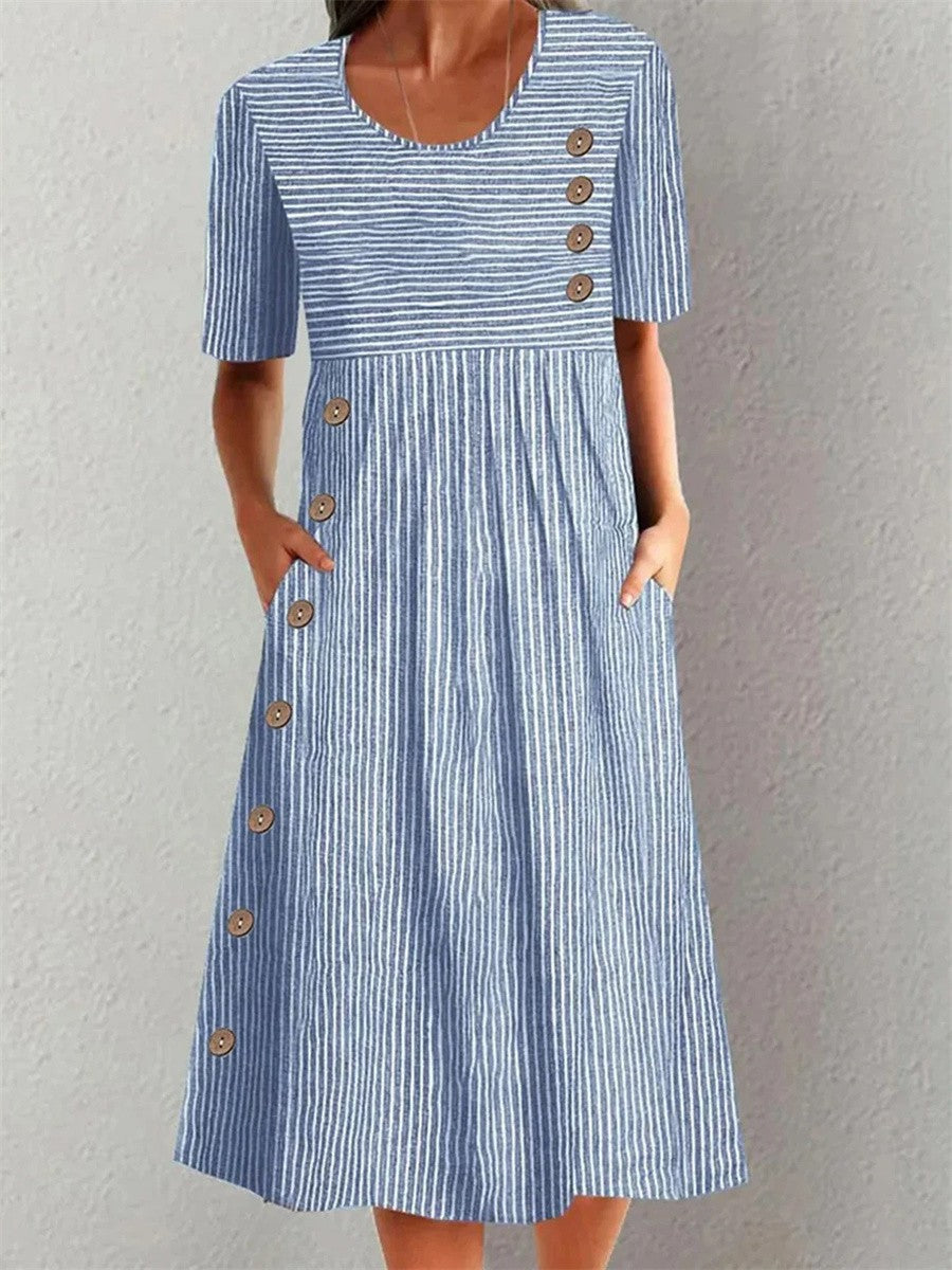 Sofia – Striped Midi Dress with Button Detail