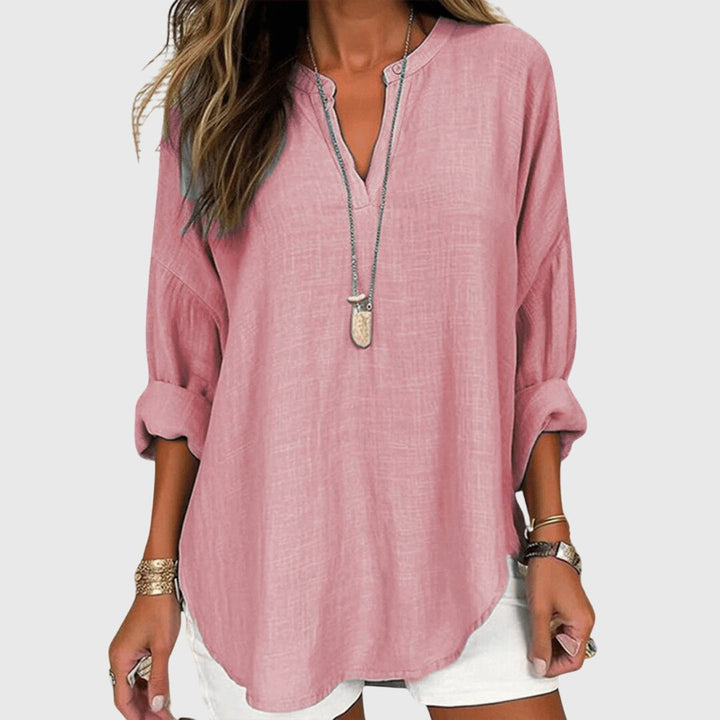 Lenara – Flowy Linen V-Neck Long Sleeve Blouse