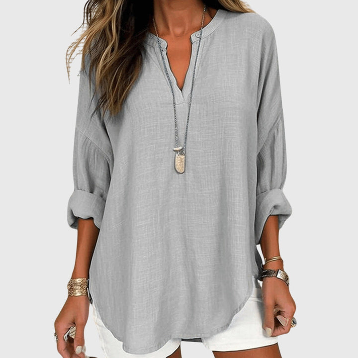 Lenara – Flowy Linen V-Neck Long Sleeve Blouse