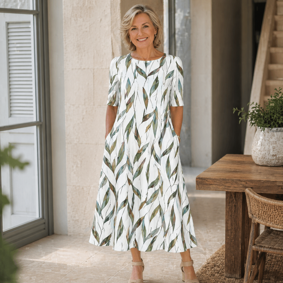 Shirley – Printed Midi Dress with Elbow Sleeves