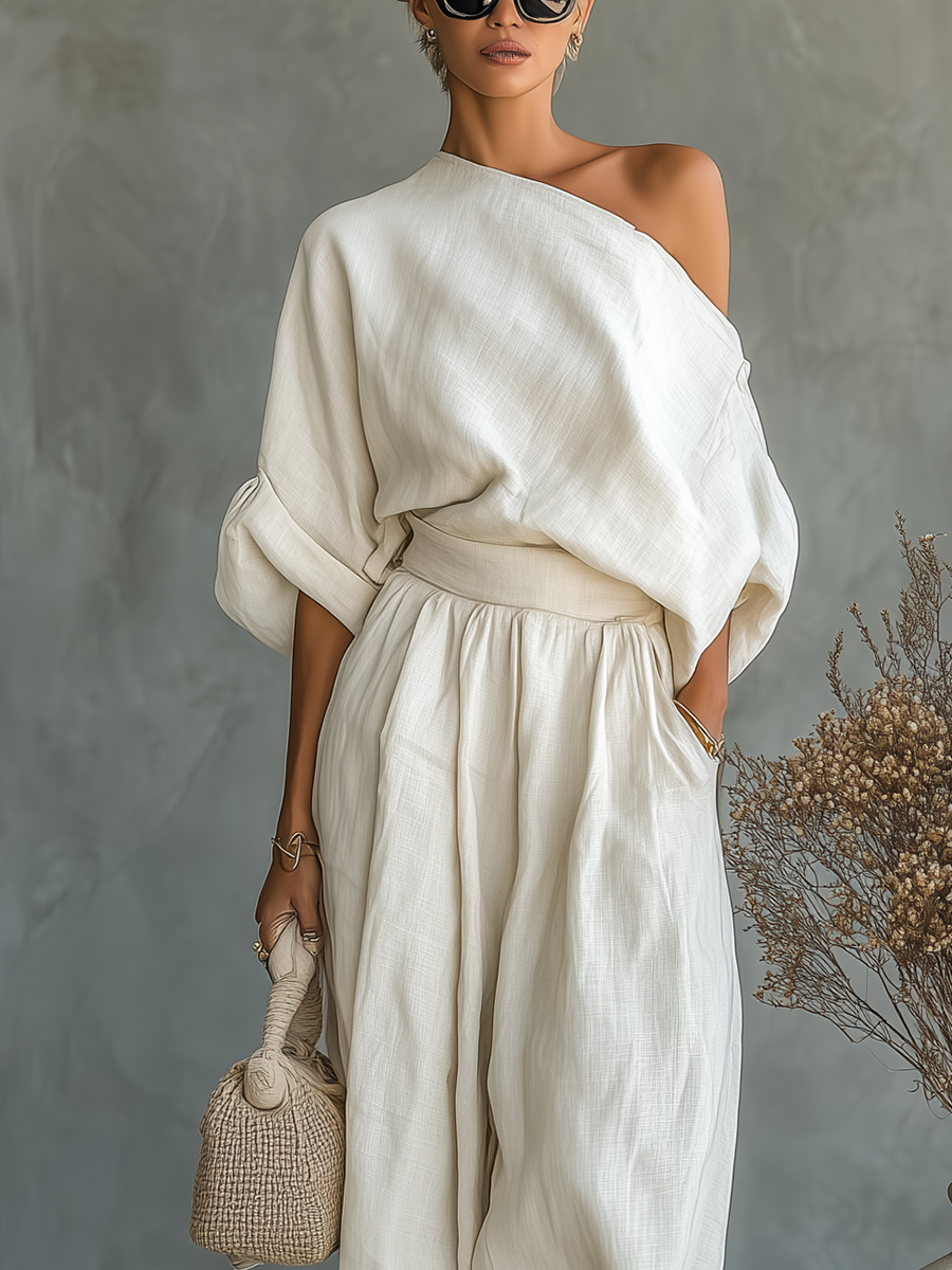 Reese | Off Shoulder Long Sleeve Top and Tapered Pants Set
