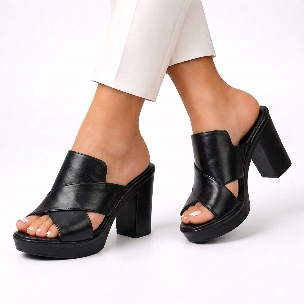 Darcy – Cross Strap Platform Block Heel Mules