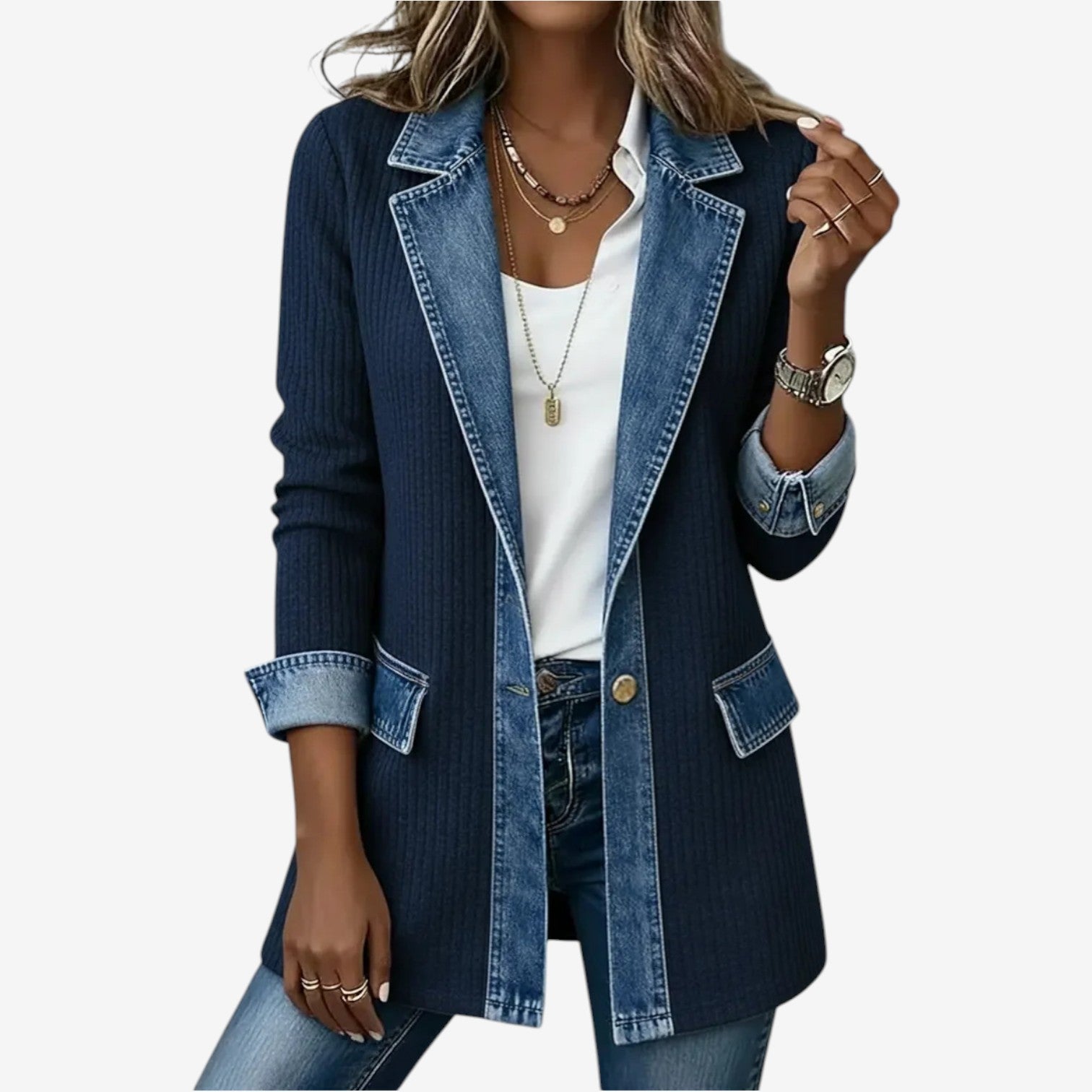 Sloane – Mixed Media Ribbed Knit Denim Jacket