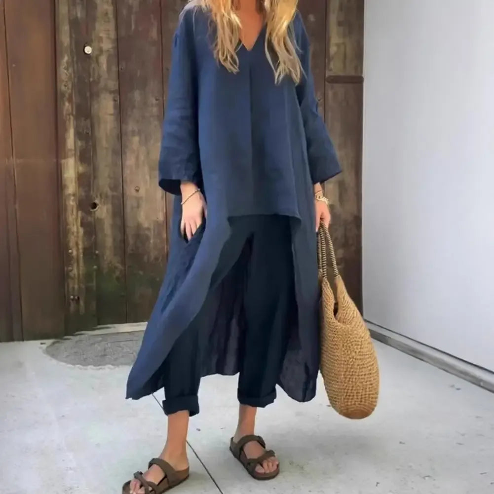 Paige | Long Vest Three Quarter Sleeve Top and Wide Leg Pants Set
