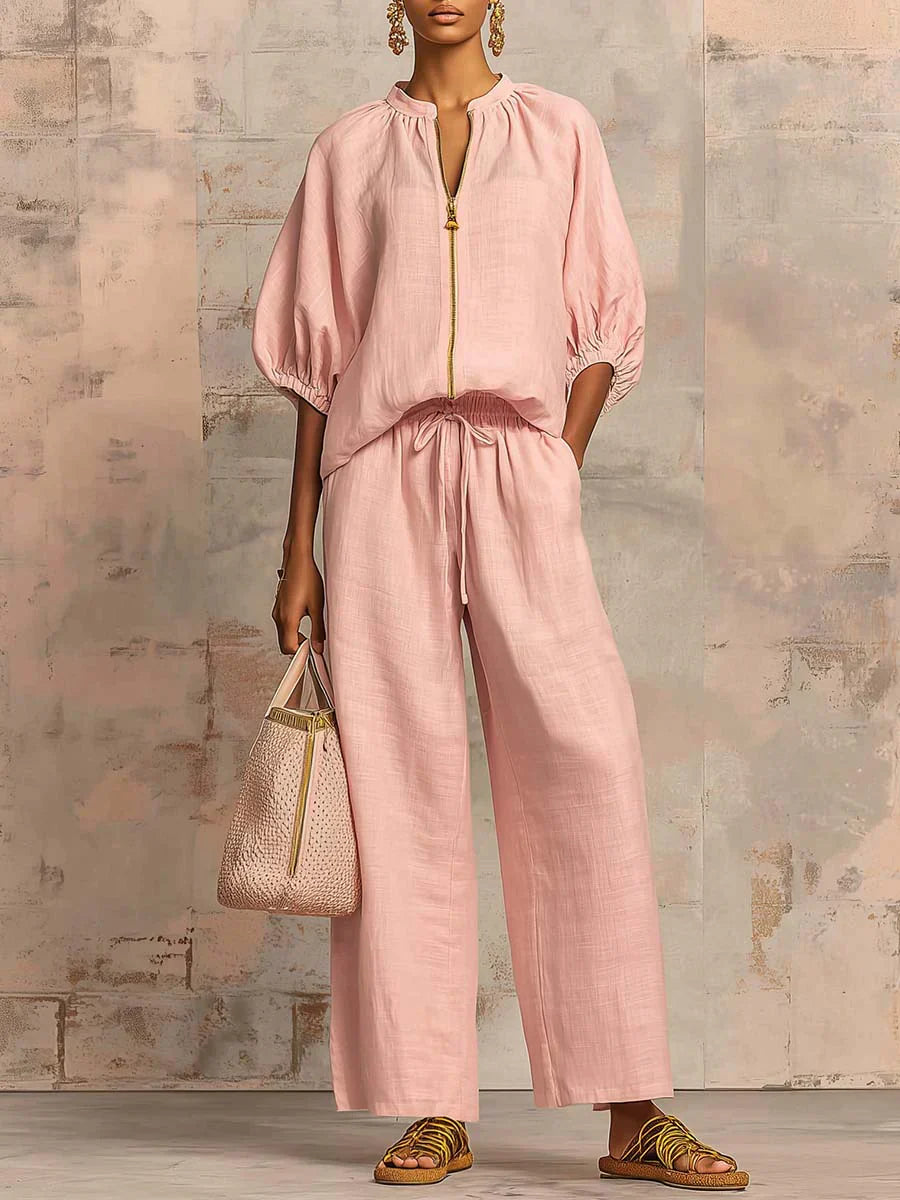 Blake | Puff Sleeve Zip Neck Top and Wide Leg Pants Set