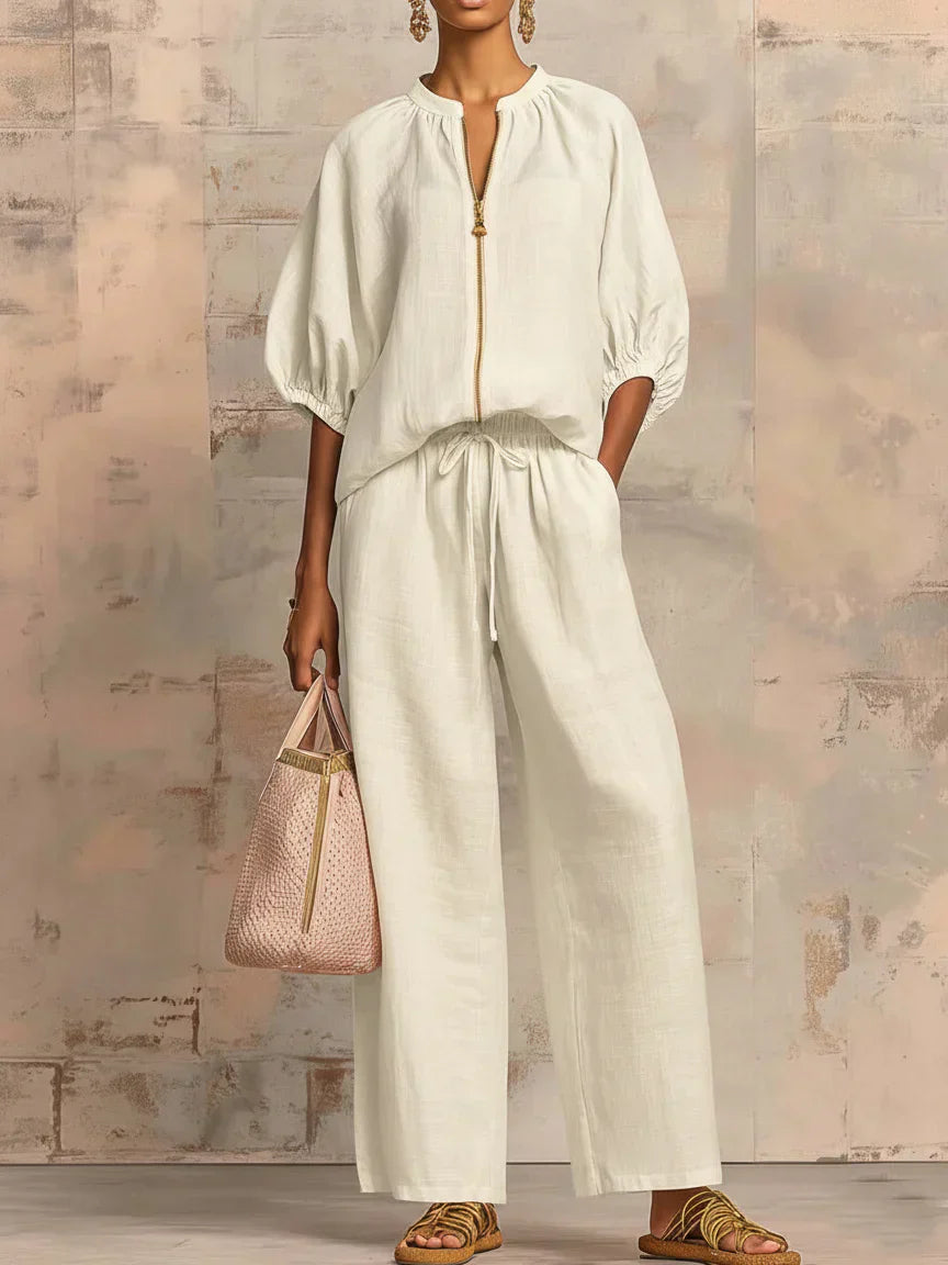 Blake | Puff Sleeve Zip Neck Top and Wide Leg Pants Set