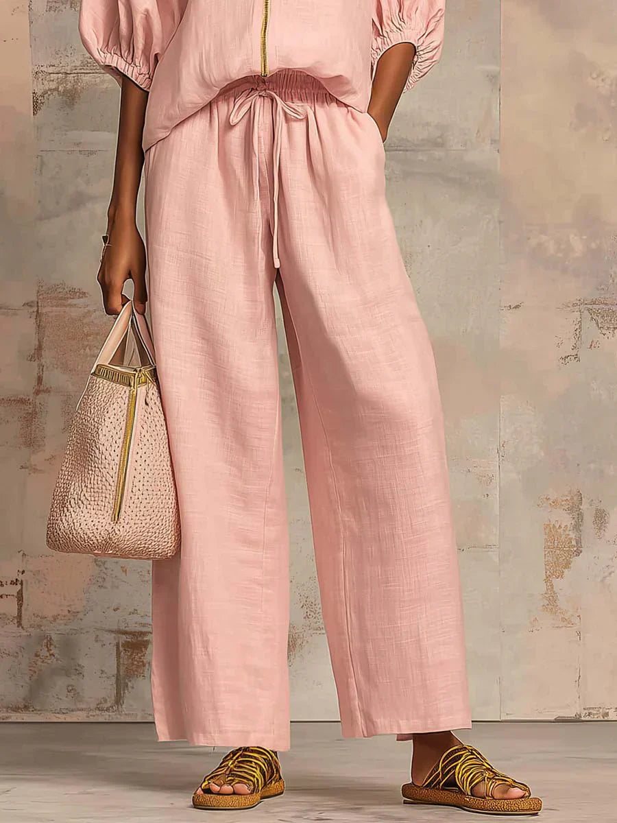 Blake | Puff Sleeve Zip Neck Top and Wide Leg Pants Set