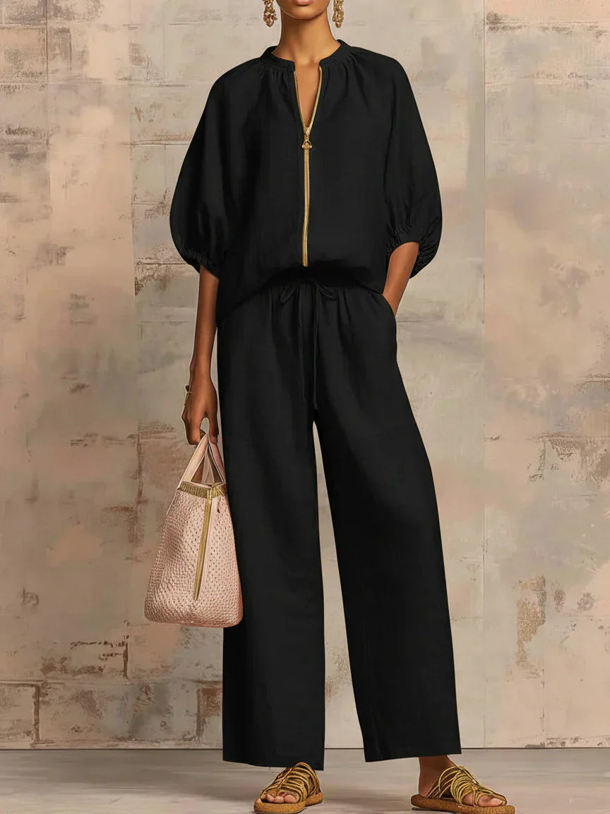 Blake | Puff Sleeve Zip Neck Top and Wide Leg Pants Set