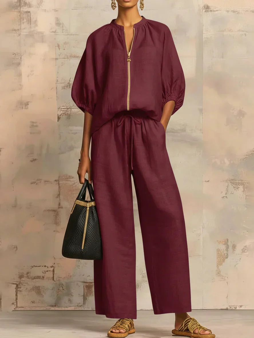 Blake | Puff Sleeve Zip Neck Top and Wide Leg Pants Set