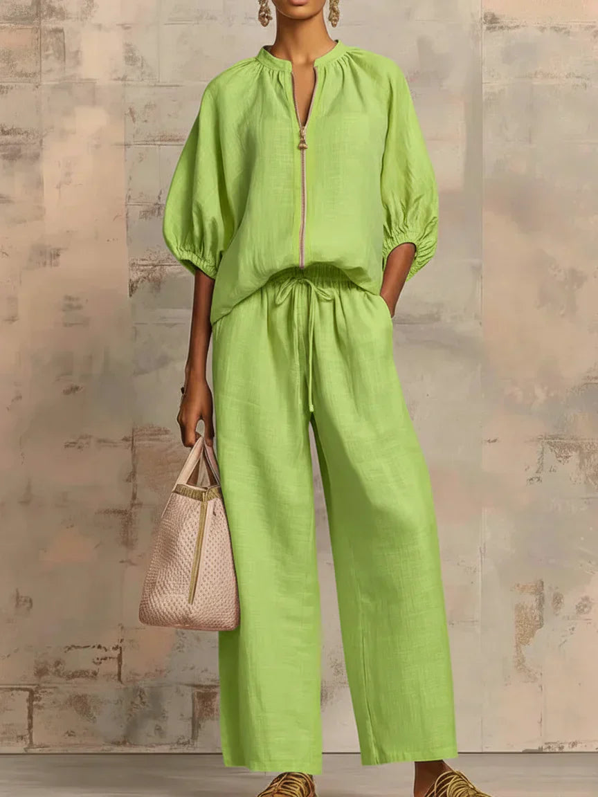 Blake | Puff Sleeve Zip Neck Top and Wide Leg Pants Set