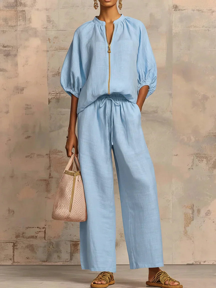 Blake | Puff Sleeve Zip Neck Top and Wide Leg Pants Set