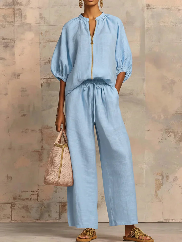 Blake | Puff Sleeve Zip Neck Top and Wide Leg Pants Set