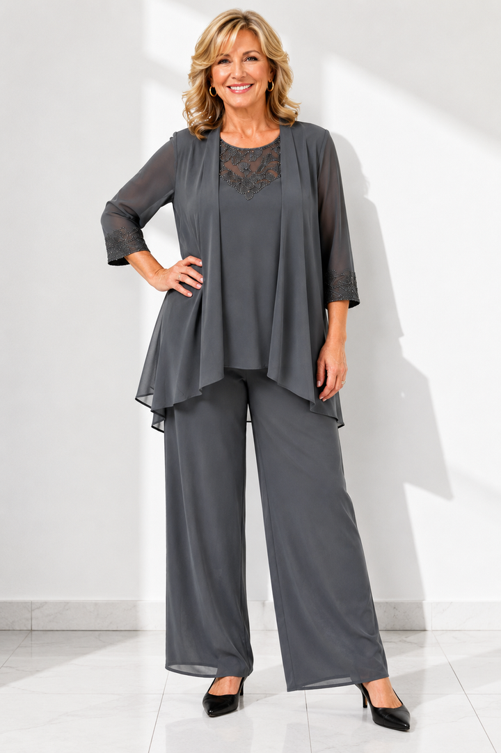 Elise – Elegant Three-Piece Chiffon Pantsuit