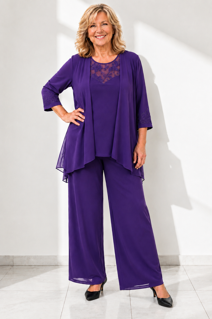 Elise – Elegant Three-Piece Chiffon Pantsuit