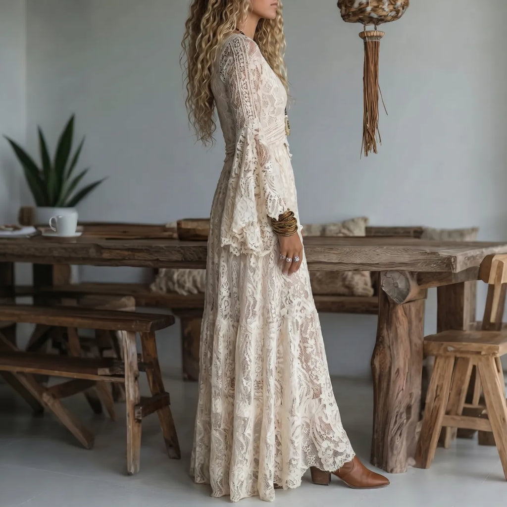 Serena – Boho Lace Maxi Dress with Bell Sleeves